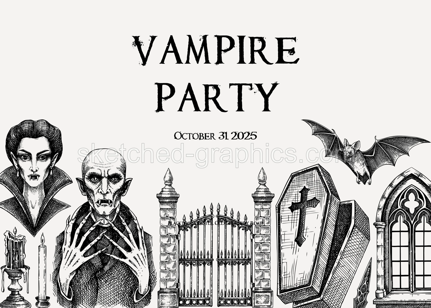 Vampire party invitation design. Halloween hand drawn vector illustration. Gothic background. NOT AI generated Illustration